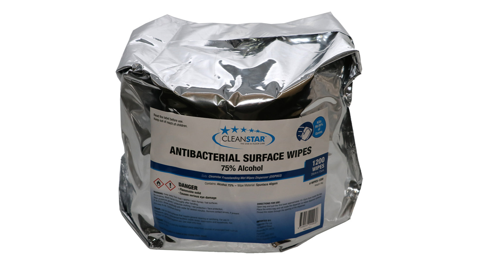 Cleanstar 1200 Piece Antibacterial 75 Percent Alcohol Surface Wet Wipes - Pack of 2