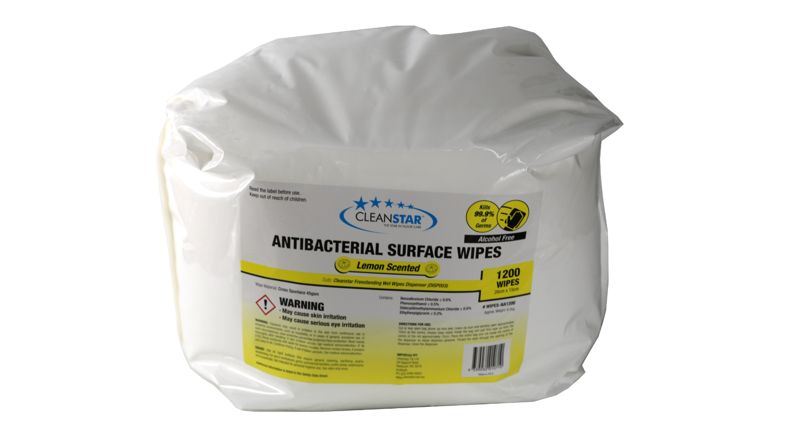 Cleanstar 1200 Piece Antibacterial Alcohol-Free Surface Wet Wipes - Pack of 2