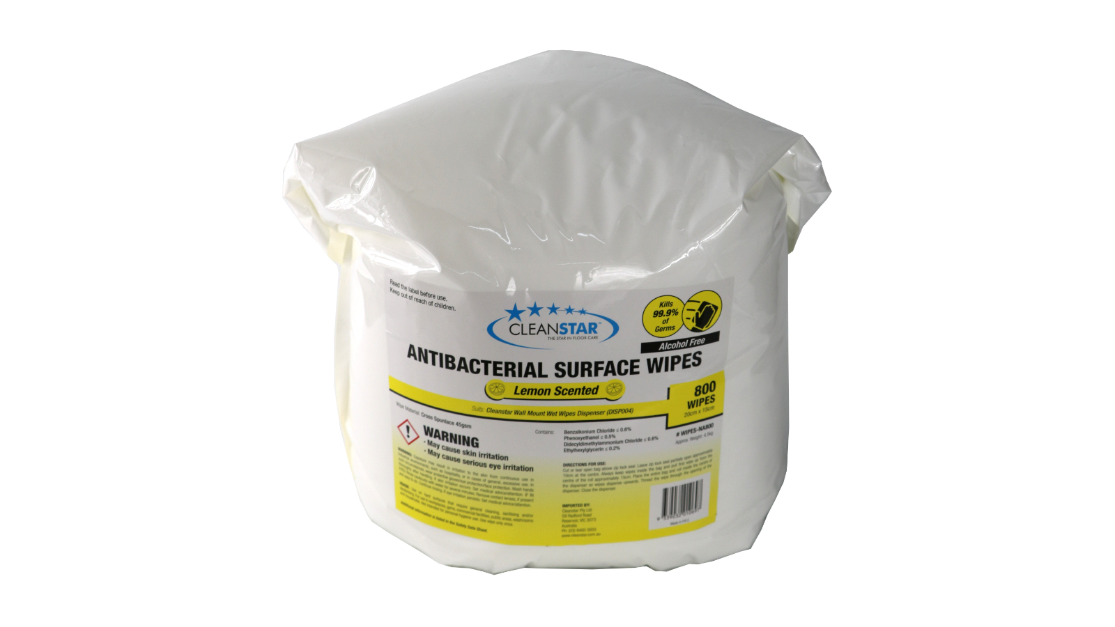 Cleanstar 800 Piece Antibacterial Alcohol-Free Surface Wet Wipes - Pack of 2