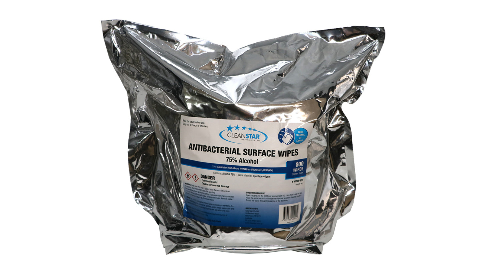 Cleanstar 800 Piece Antibacterial 75 Percent Alcohol Surface Wet Wipes - Pack of 2