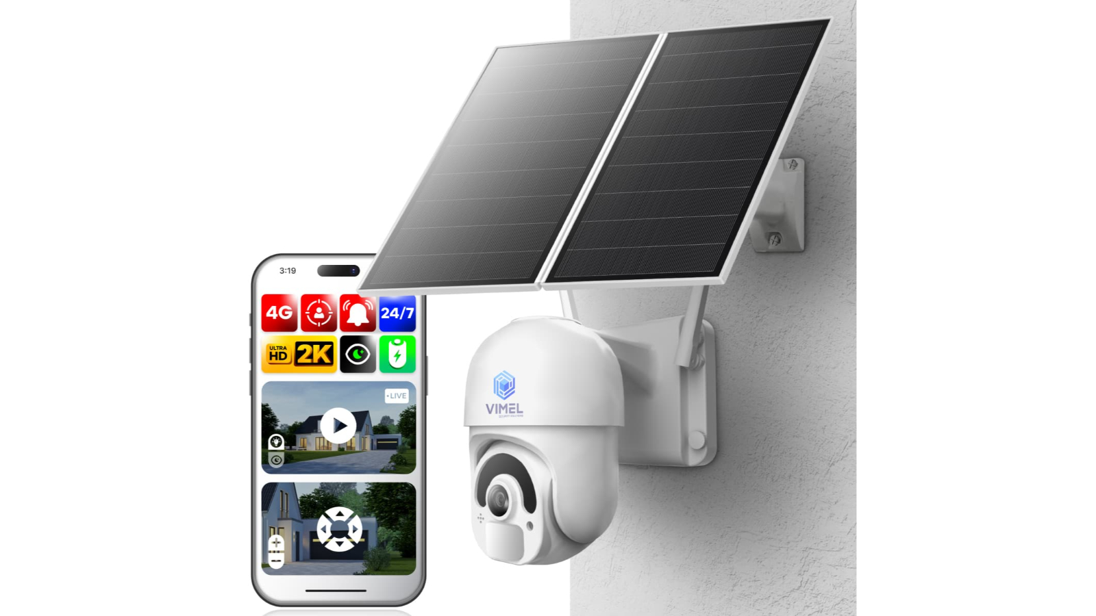 Vimel 4G Wireless Solar and Battery Powered Security Camera with PTZ and 24/7 Recording