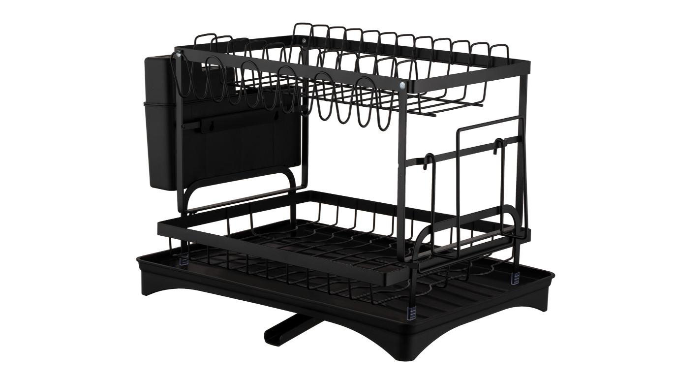 2-Tier Foldable Kitchen Drying Rack with Drainer Tray - Black