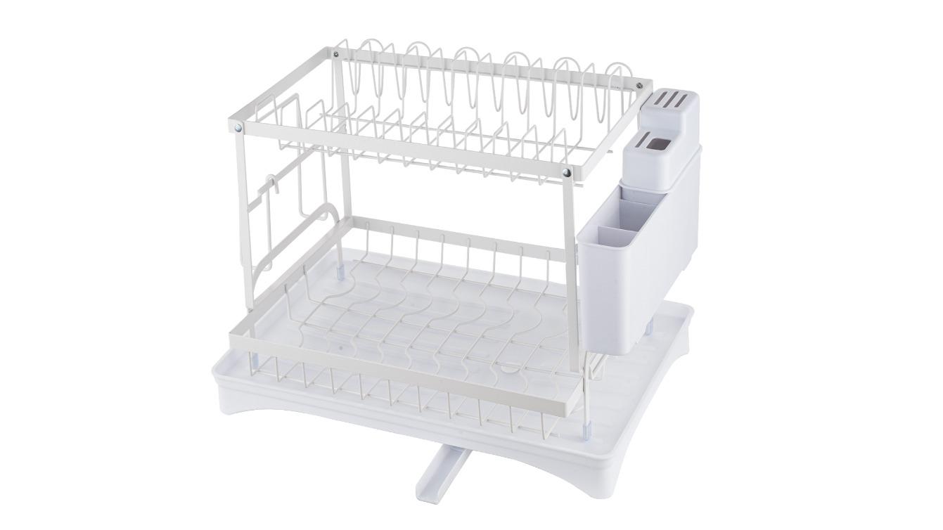 2-Tier Foldable Kitchen Drying Rack with Drainer Tray - White