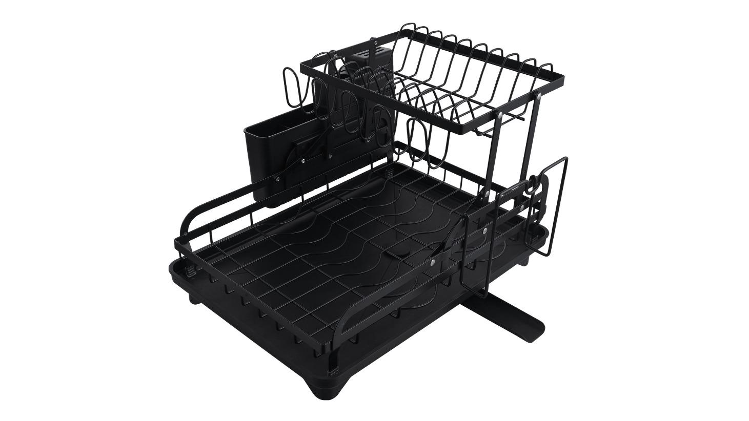 2-Tier Foldable Kitchen Dish Drying Rack with Drainer Tray - Black