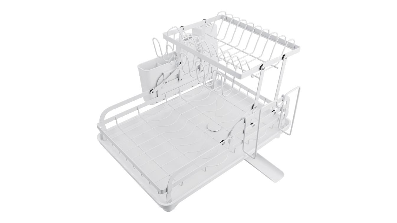 2-Tier Foldable Kitchen Dish Drying Rack with Drainer Tray - White