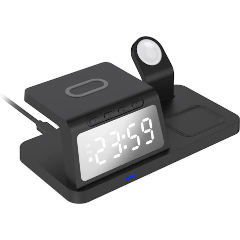 Laser 3-in-1 Wireless Charging Station with Alarm Clock - Black