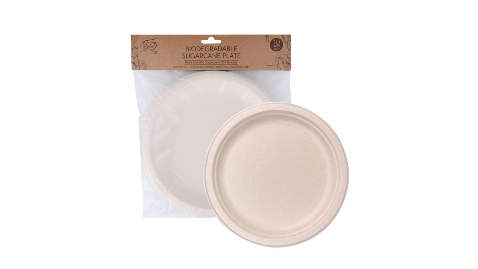 Eco Basics 10 Piece Biodegradable Sugarcane Plate - 23cm