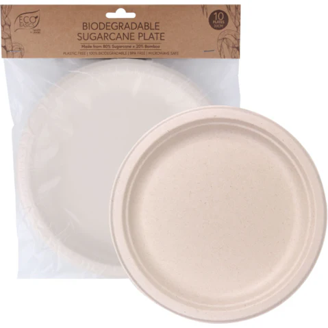 Eco Basics 10 Piece Biodegradable Sugarcane Plate - 23cm
