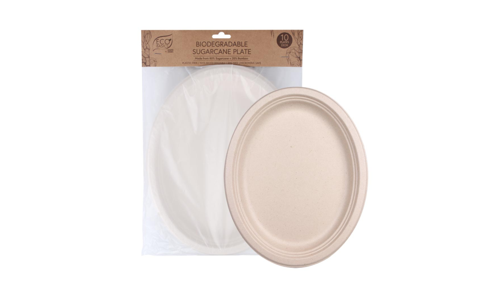 Eco Basics 10 Piece 32cm Biodegradable Sugarcane Plate 