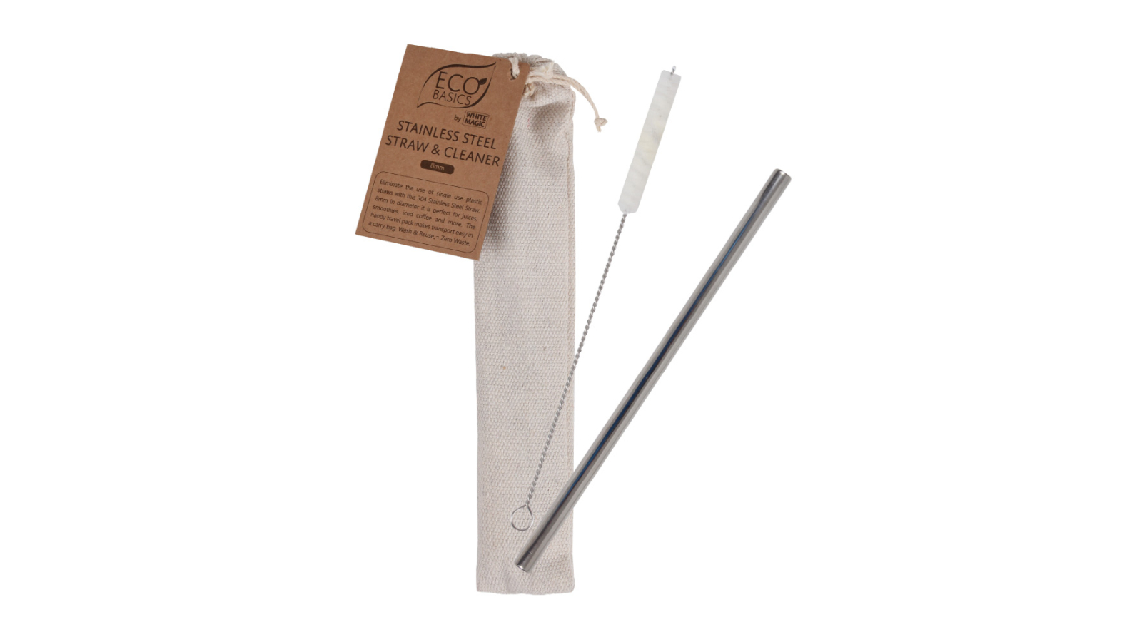 Eco Basics Stainless Steel Straw with Cleaner and Pouch - 0.8cm