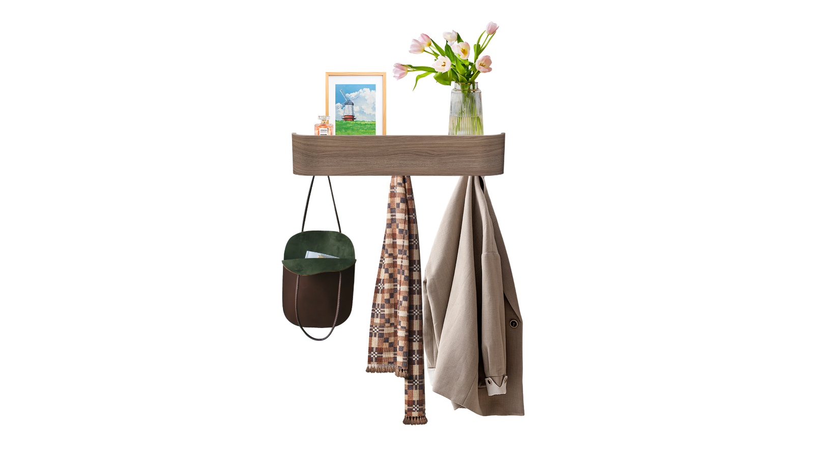 Entryway Wooden Floating Shelf with Hidden Metal Hooks - Walnut