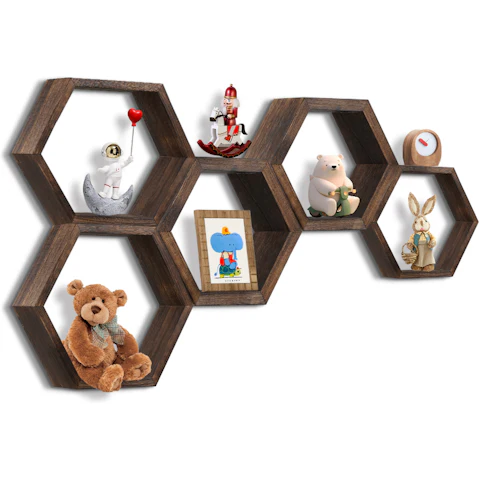 Set of 5 Wood Honeycomb Hexagon Floating Shelves - Dark Brown