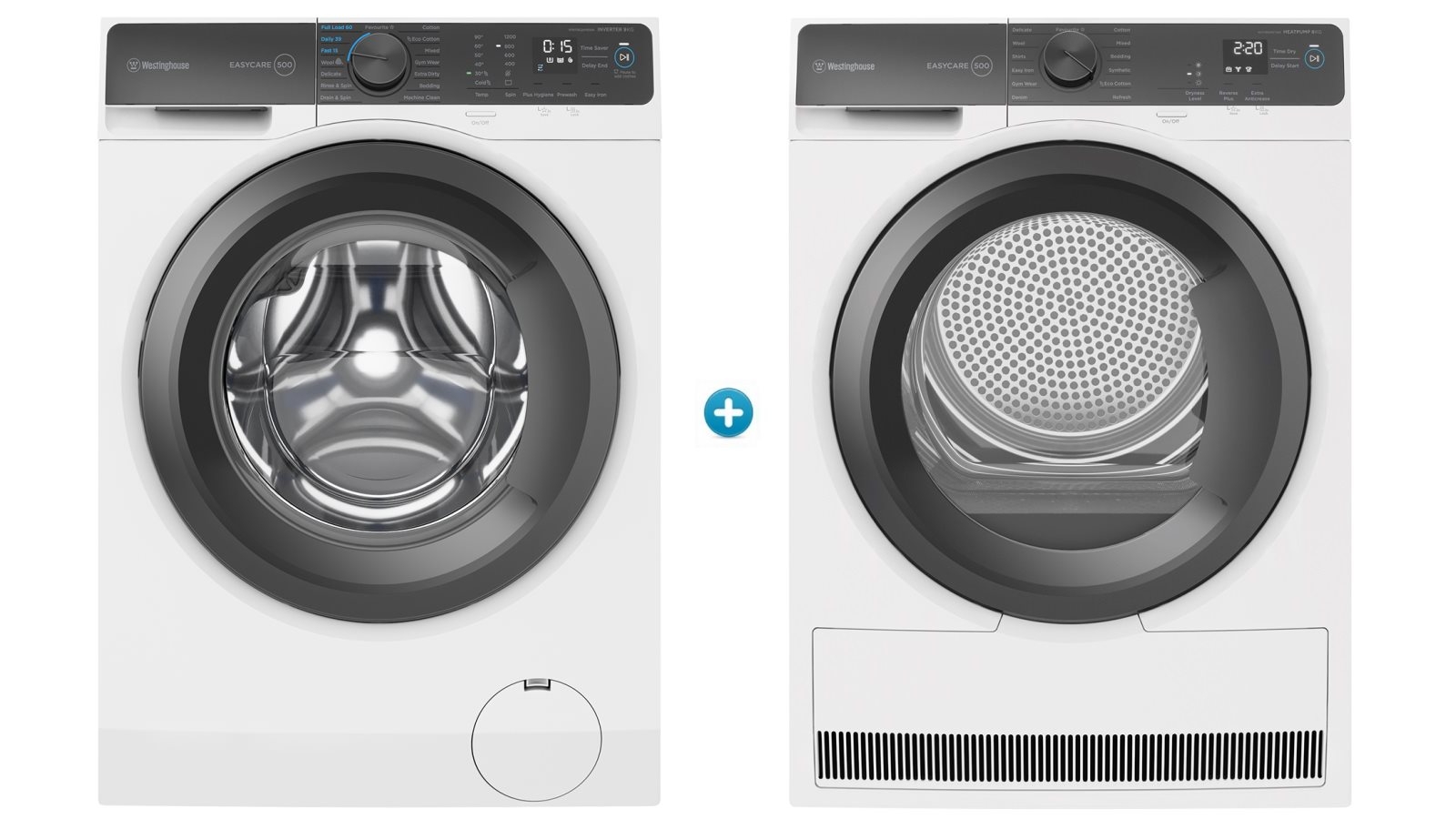 Westinghouse 9kg EasyCare Front Load Washing Machine plus 8kg Heat Pump Dryer Package Harvey Norman