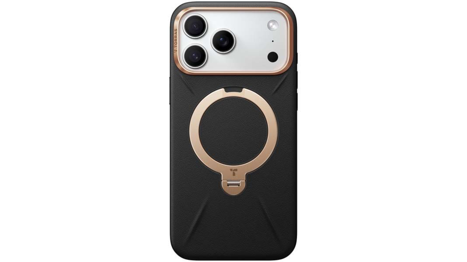 Torras Ostand Spin Fusion Vegan Leather MagSafe Case for iPhone 17 Pro - Classic Black/Gold