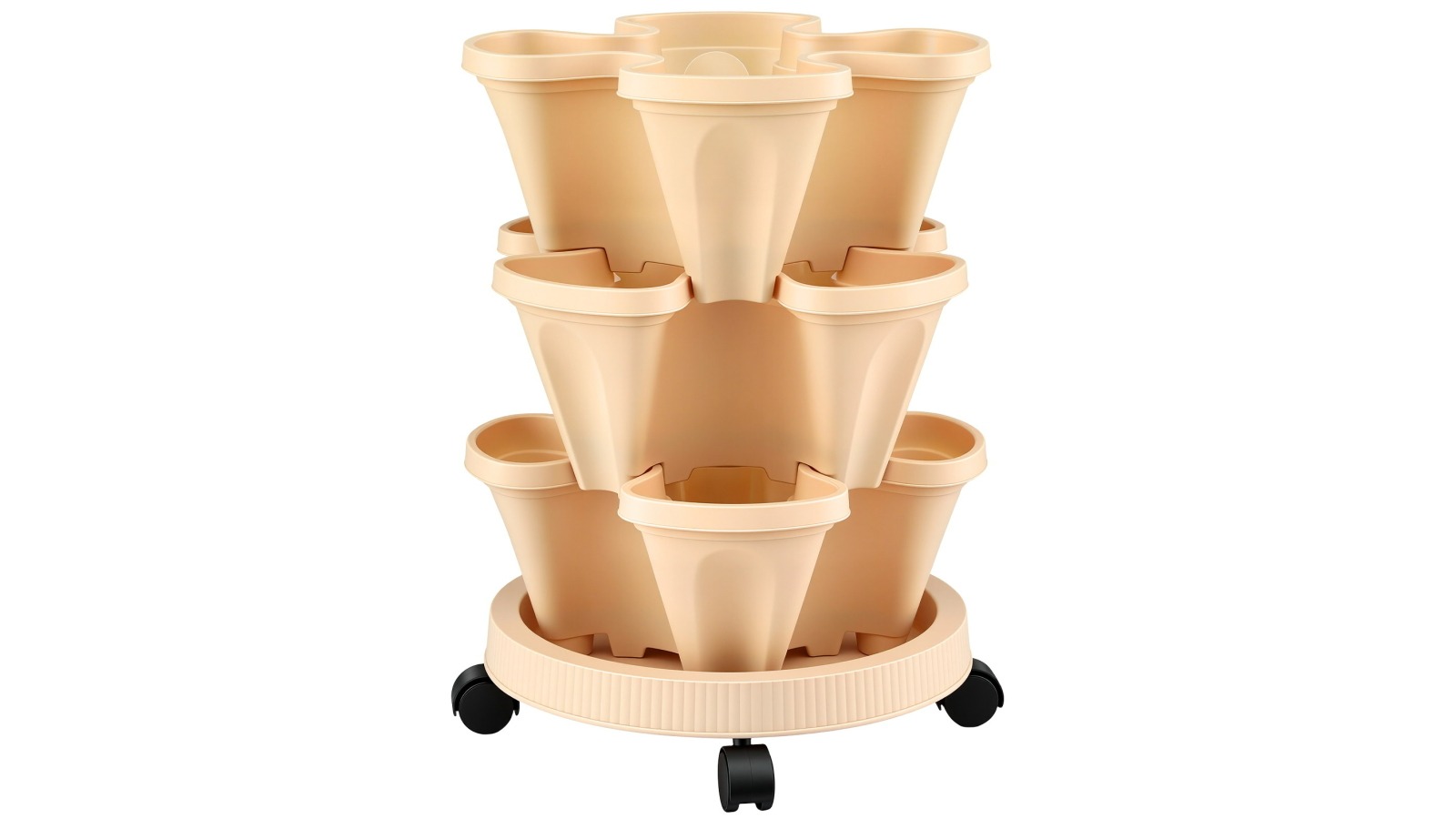 Green Fingers 3 Tier Stackable Vertical Strawberry Planter Tower with Wheels - Beige