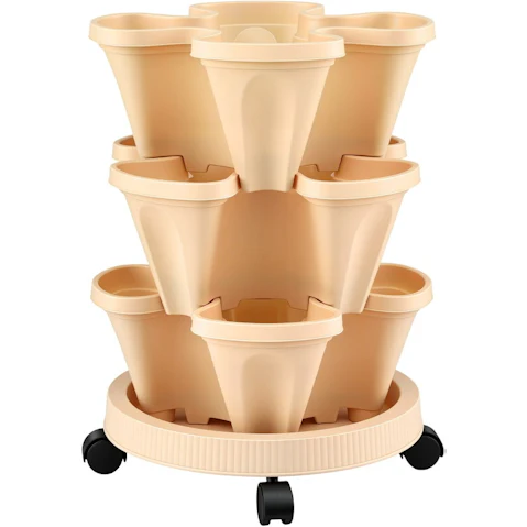 Green Fingers 3 Tier Stackable Vertical Strawberry Planter Tower with Wheels - Beige