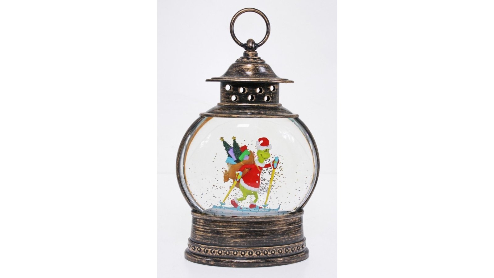 Plush Xmas Round Brass Lantern Grinch Skiing -xgr61