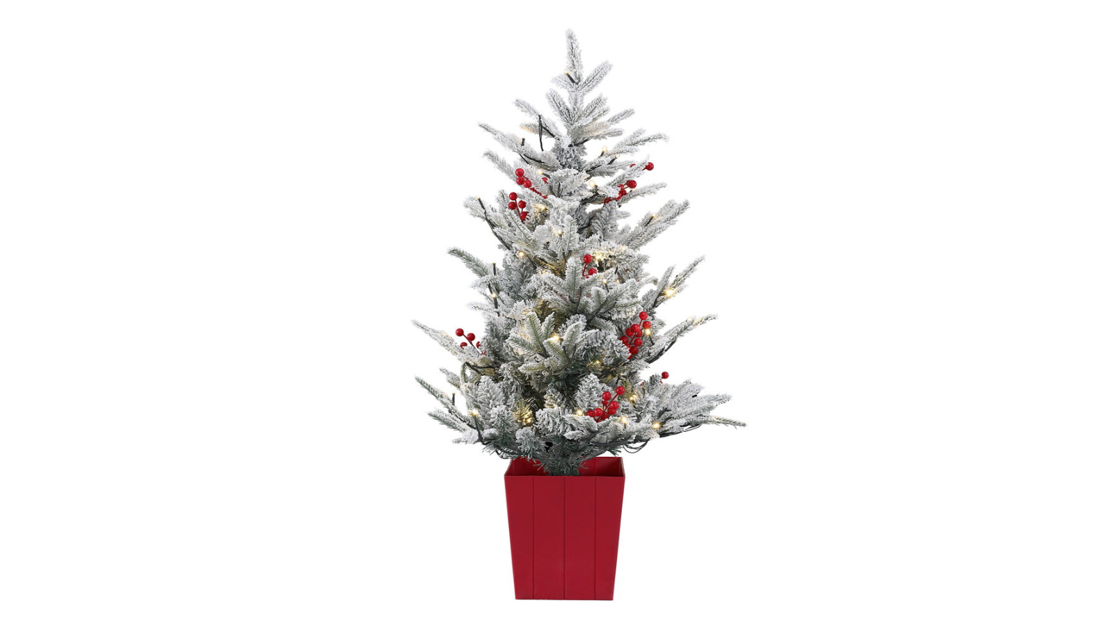 YS LED Potted Red Barries Flocked Christmas Tree - 1metre