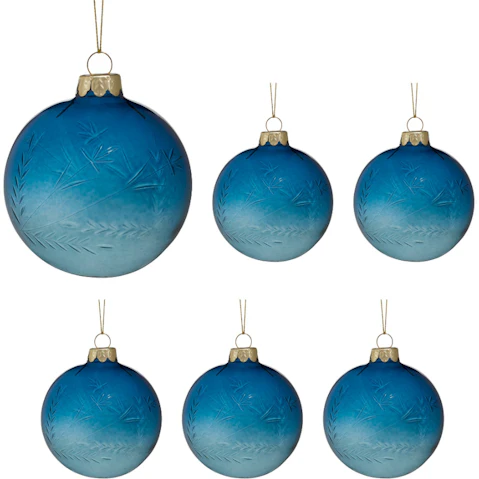 Christabelle 6 Piece Etched Leaf Glass Baubles Christmas Ornament - Blue