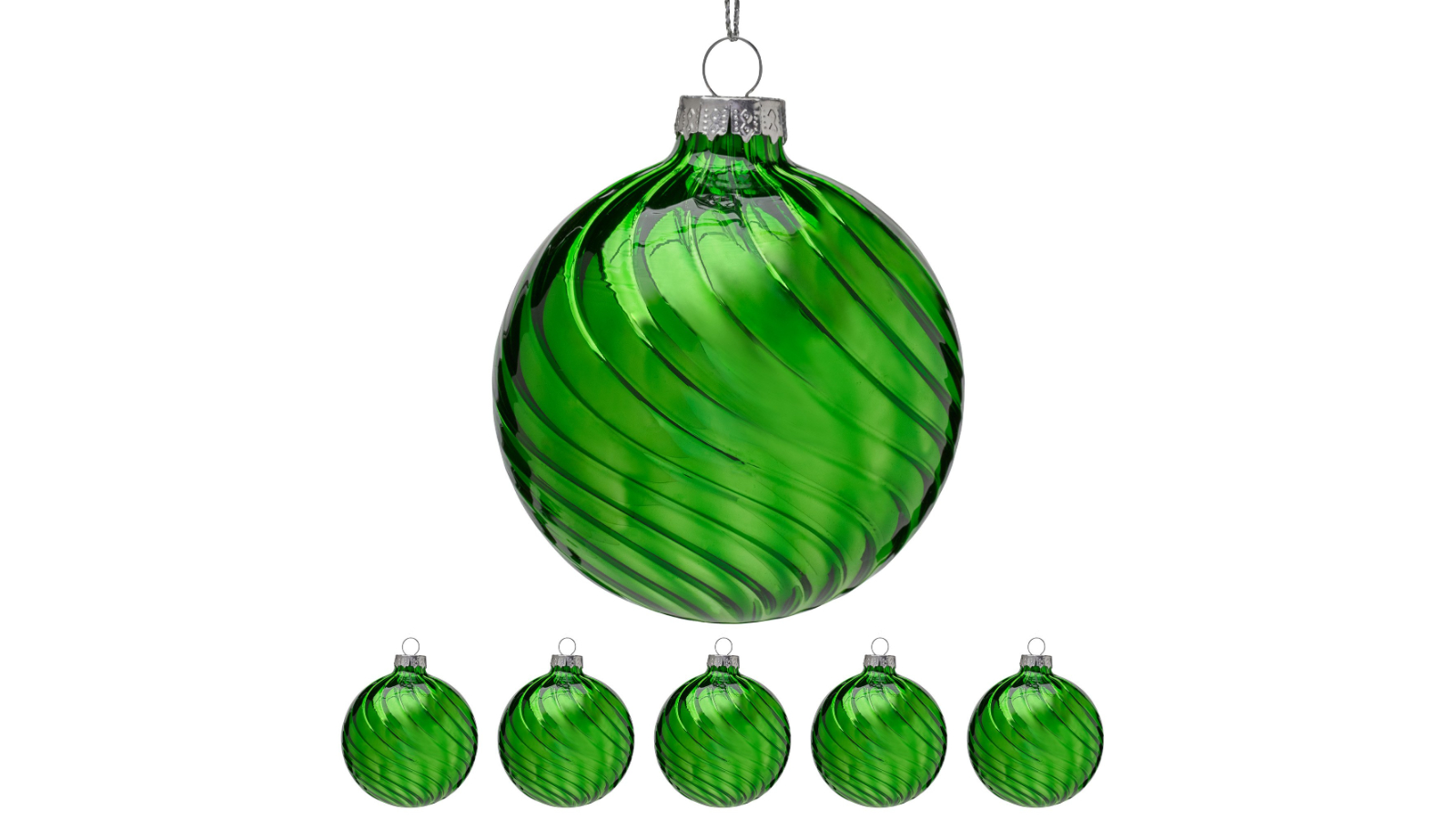Christabelle 6 Piece Rich Green Glass Baubles with Stripe Wave Pattern