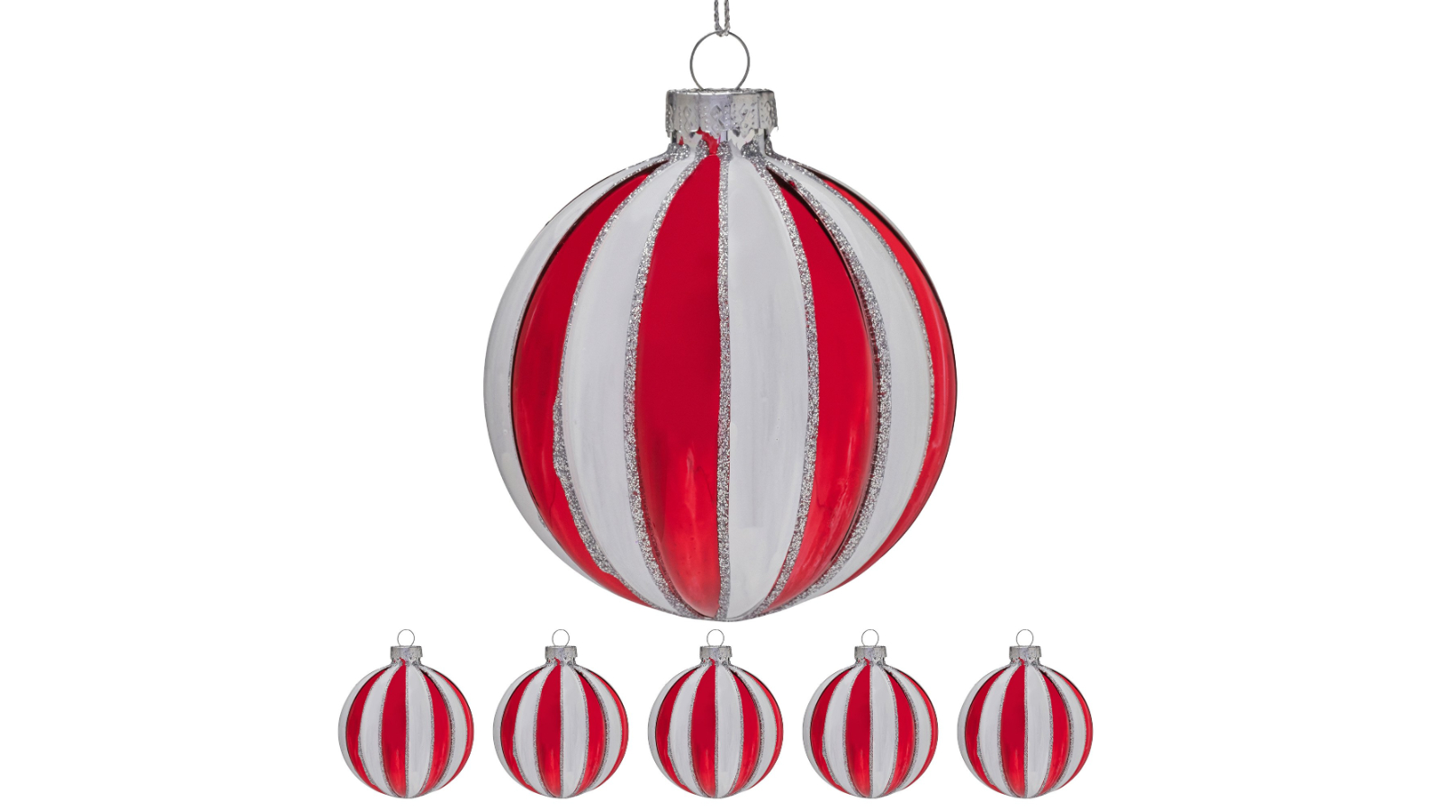 Christabelle 6 Piece Red/White Glass Baubles with Stripe Pattern