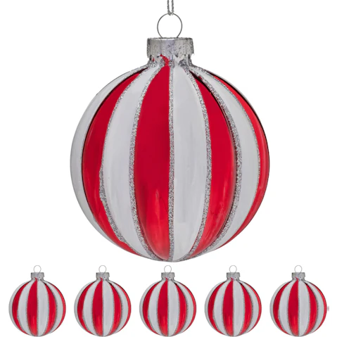 Christabelle 6 Piece Red/White Glass Baubles with Stripe Pattern