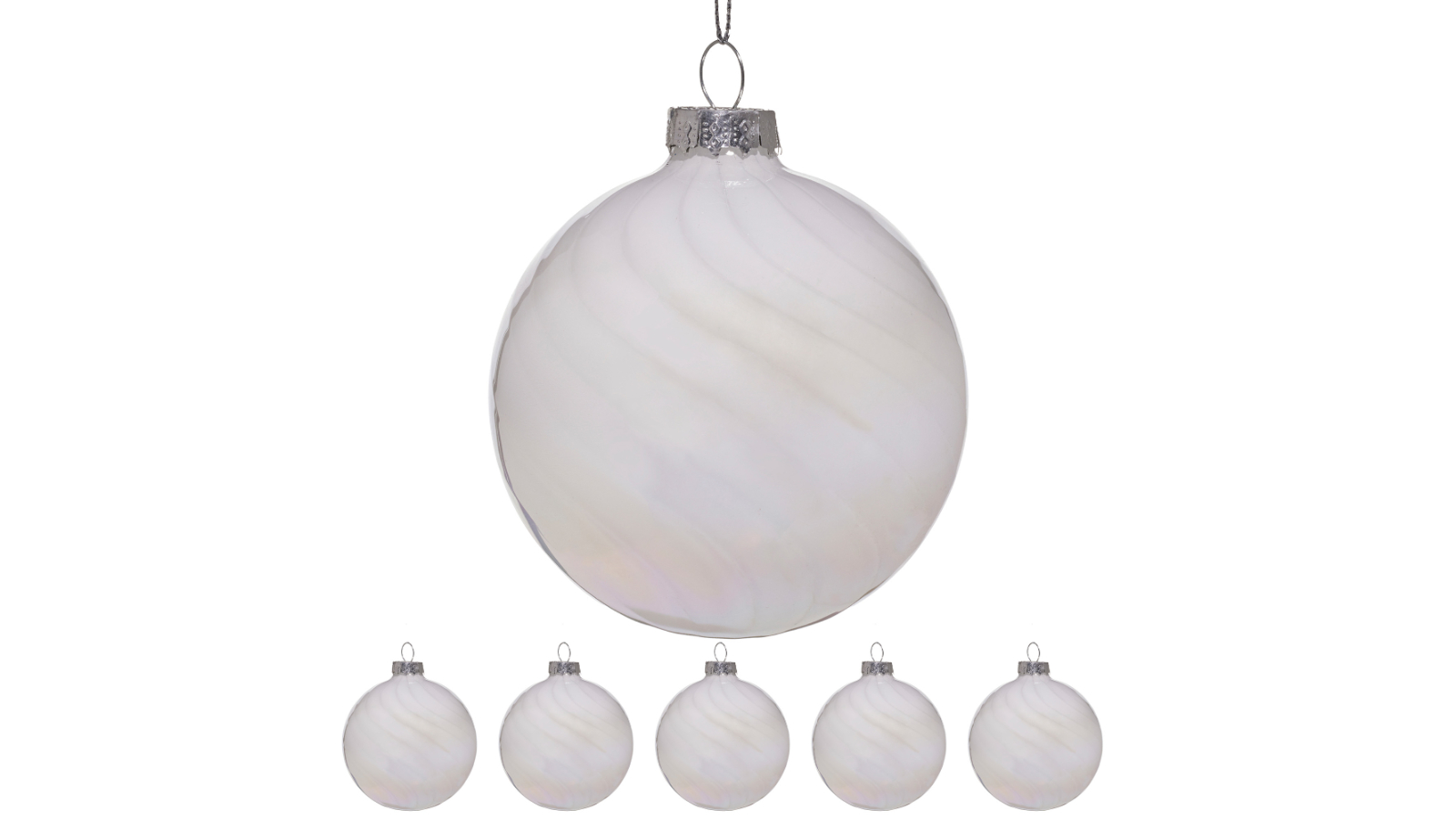 Christabelle 6 Piece White Glass Baubles with Stripe and Faint Iridescence