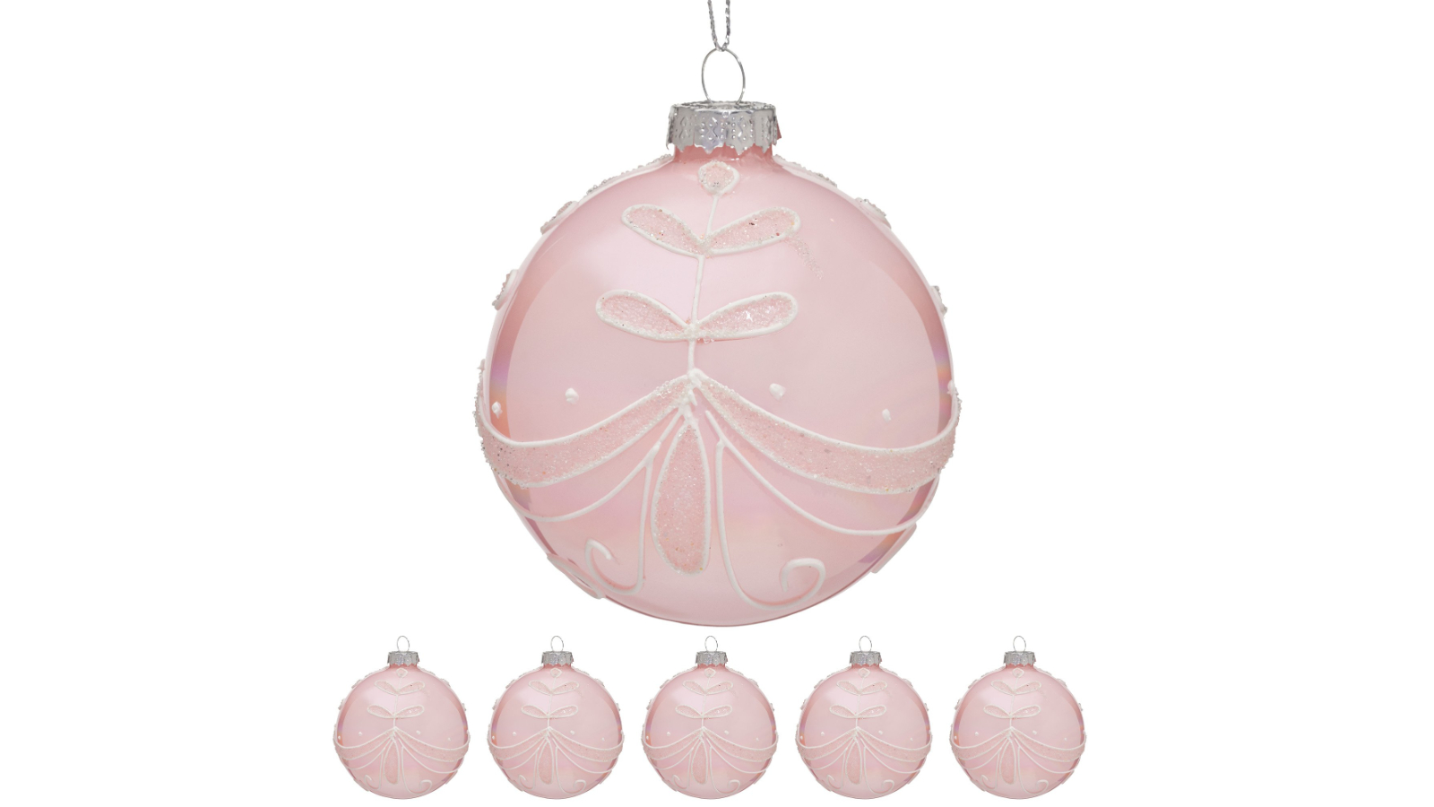 Christabelle 6 Piece Pink Glass Baubles with Glitter Floral Pattern