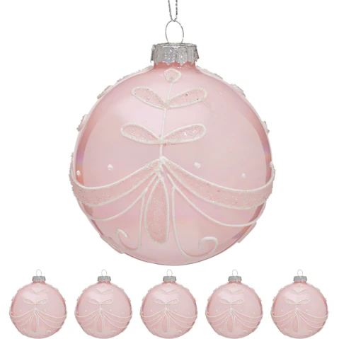 Christabelle 6 Piece Pink Glass Baubles with Glitter Floral Pattern
