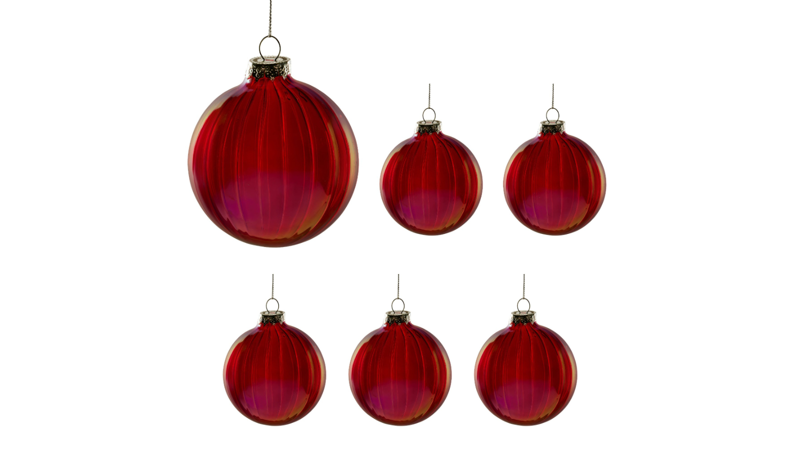 Christabelle 6 Piece Textured Stripe Glass Baubles Christmas Ornament - Rich Glossy Red