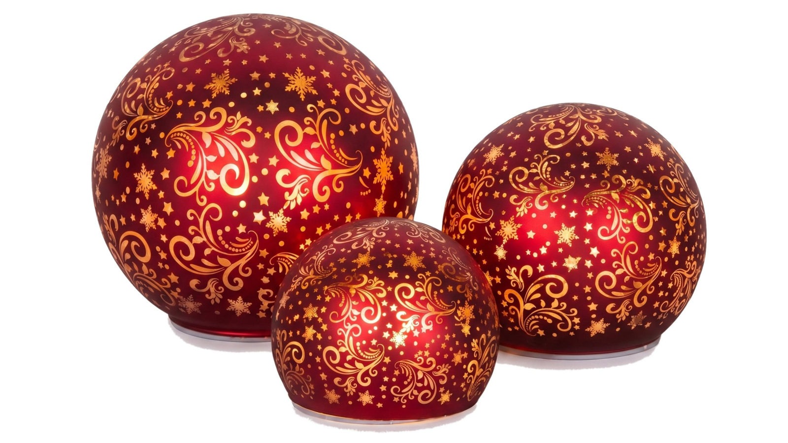 Christabelle 3 Red Glass Christmas LED Light Up Spheres Gold Pattern Table Decor Ornaments