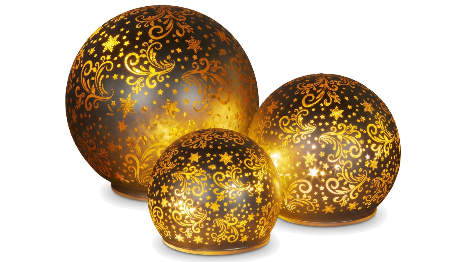 Christabelle 3 Silver Glass Christmas LED Light Up Spheres Gold Pattern Table Decor Ornaments