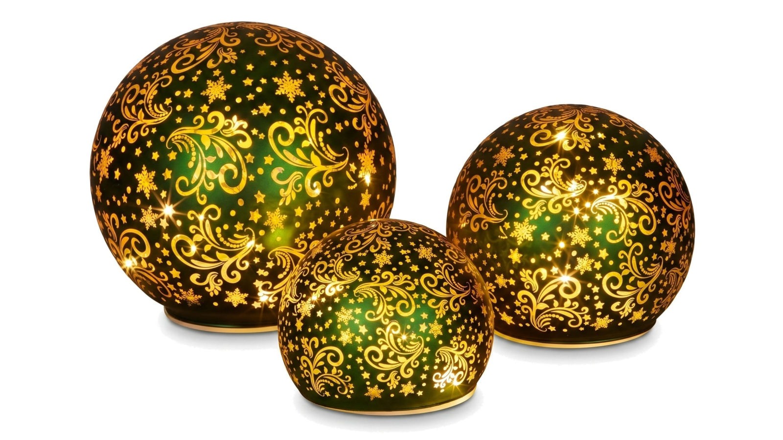 Christabelle 3 Green Glass Christmas LED Light Up Spheres Gold Pattern Table Decor Ornaments