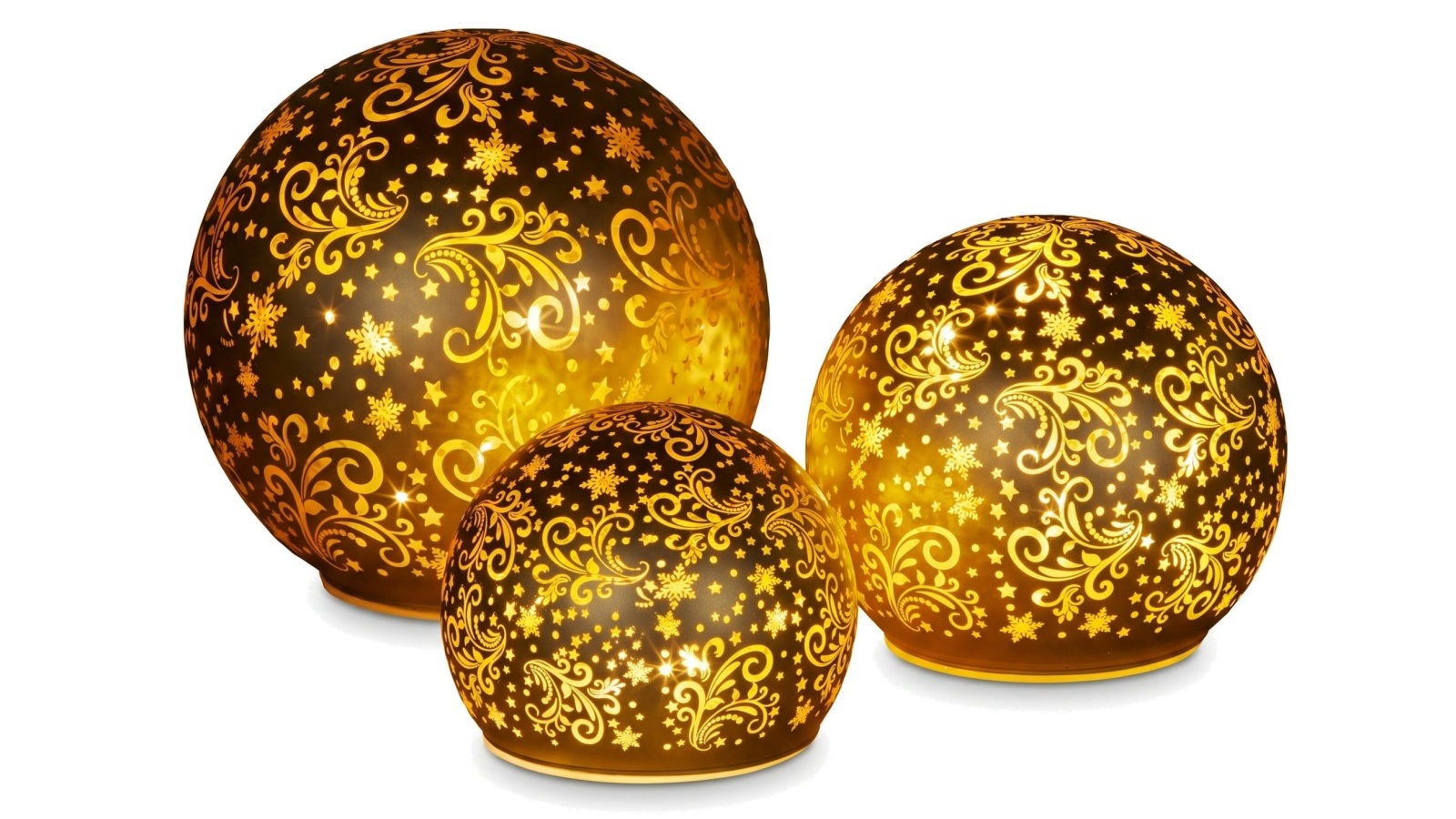 Christabelle 3 Gold Glass Christmas LED Light Up Spheres Patterned Table Decor Ornaments