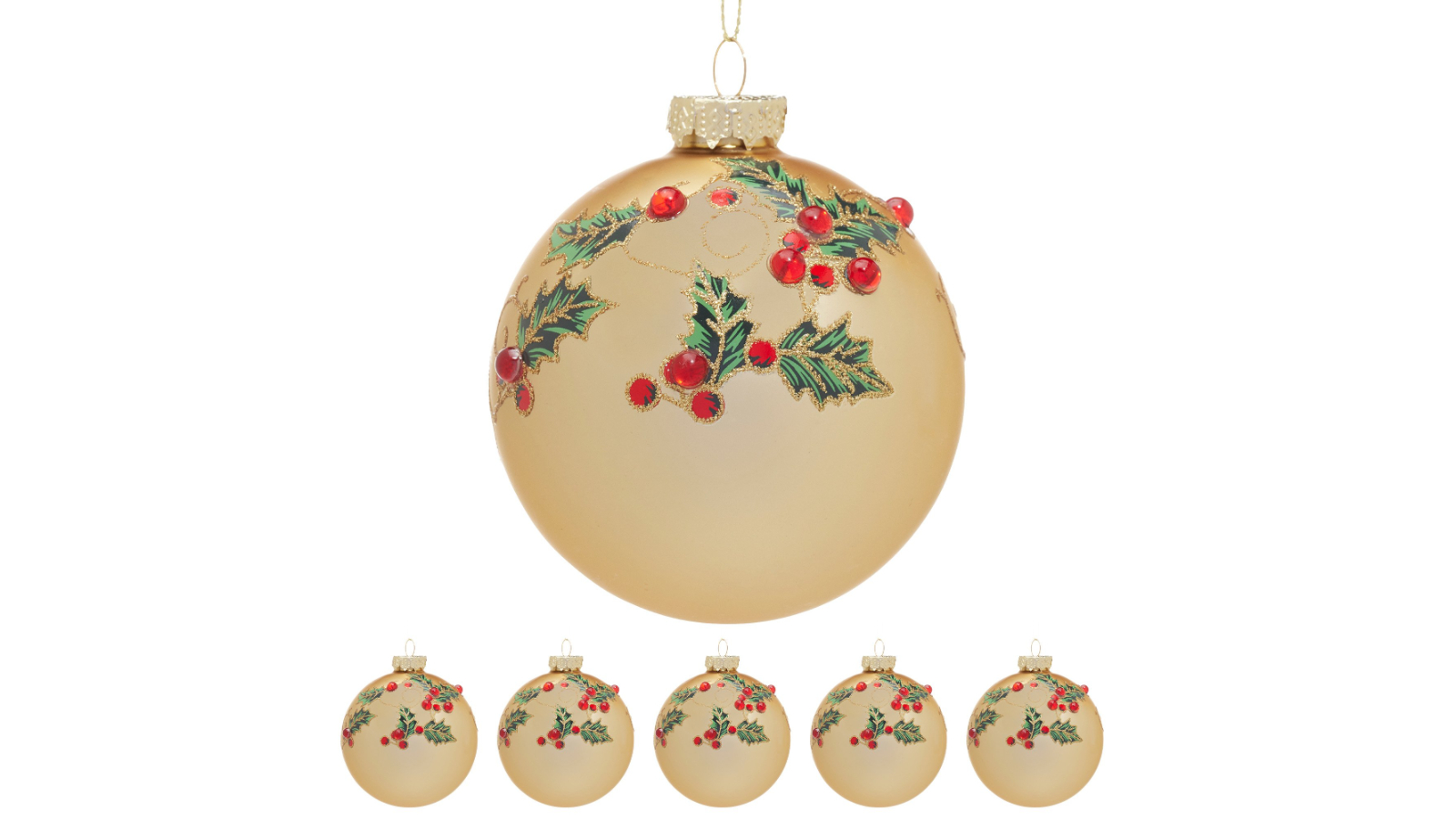 Christabelle 6 Piece Gold Glass Baubles with Holly Pattern and Jewel