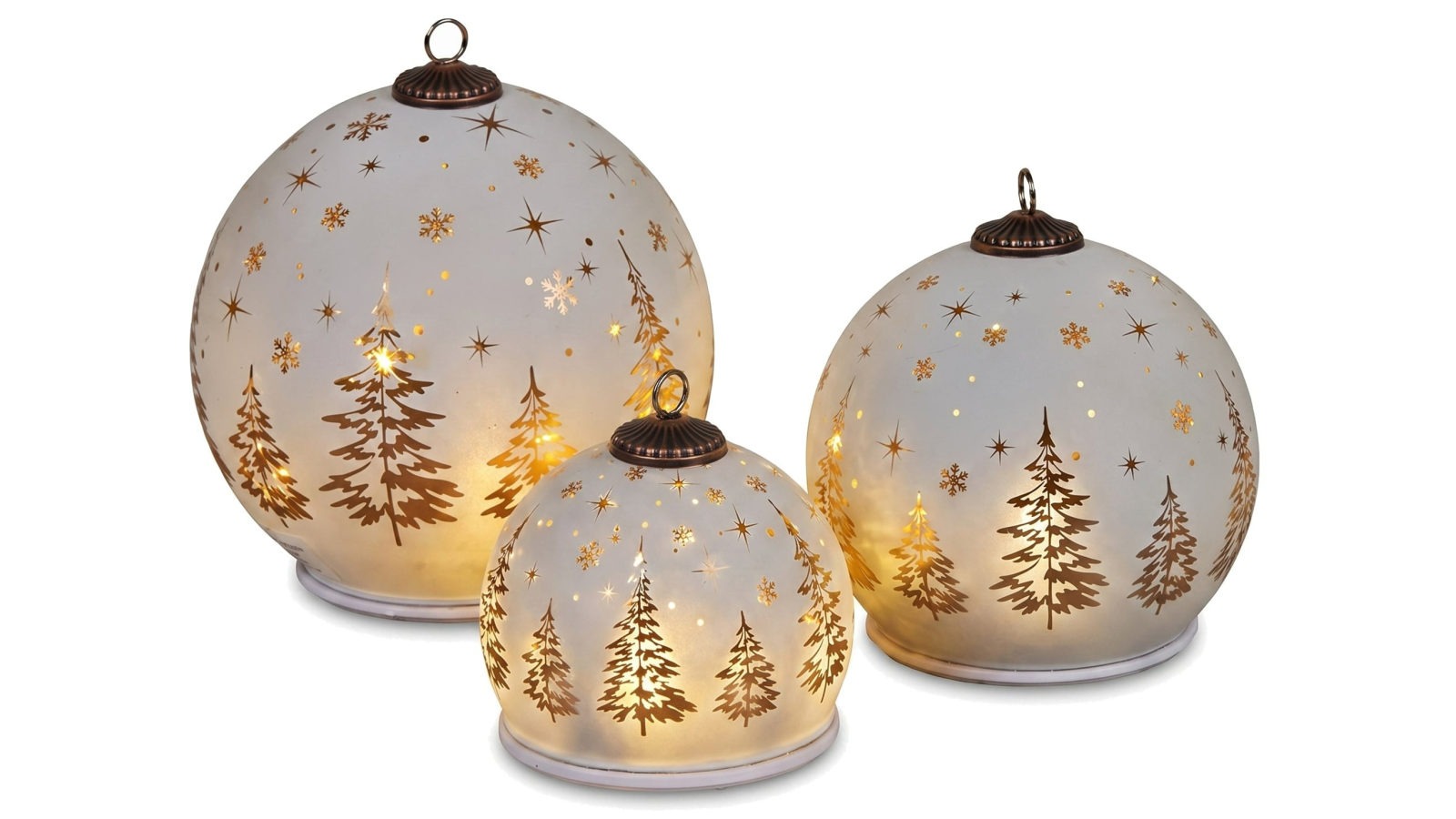 Christabelle 3 White Glass Christmas LED Light Up Spheres Gold Forest Table Decor Ornaments