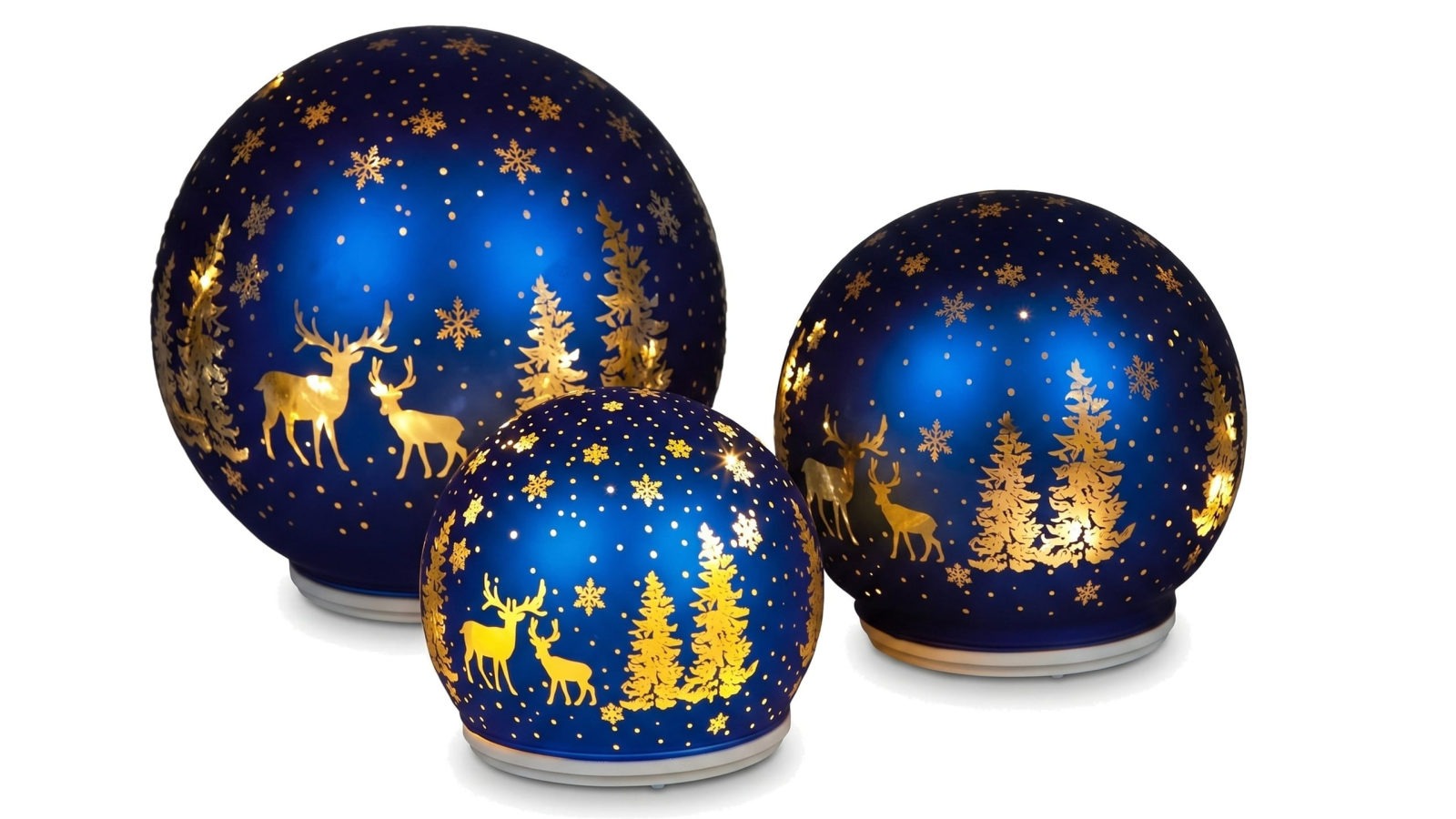 Christabelle 3 Royal Blue Glass Christmas LED Light Up Spheres Gold Forest Table Decor Ornaments