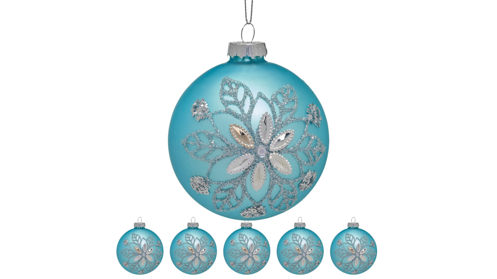 Christabelle 6 Piece Teal Glass Baubles Snowflake Pattern and Central Jewel