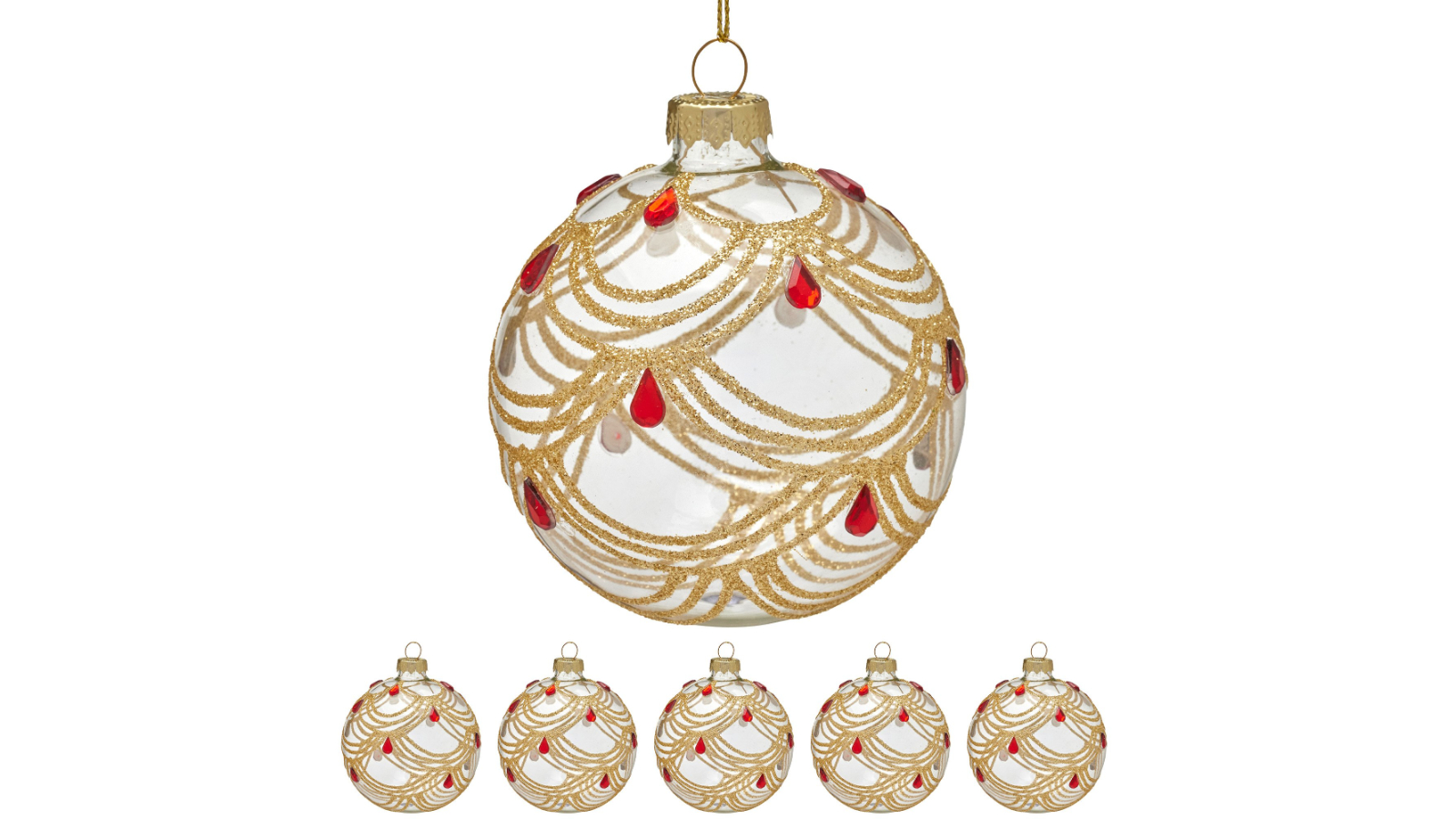 Christabelle 6 Piece Clear Glass Baubles with Gold Swirls and Jewel