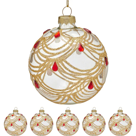 Christabelle 6 Piece Clear Glass Baubles with Gold Swirls and Jewel