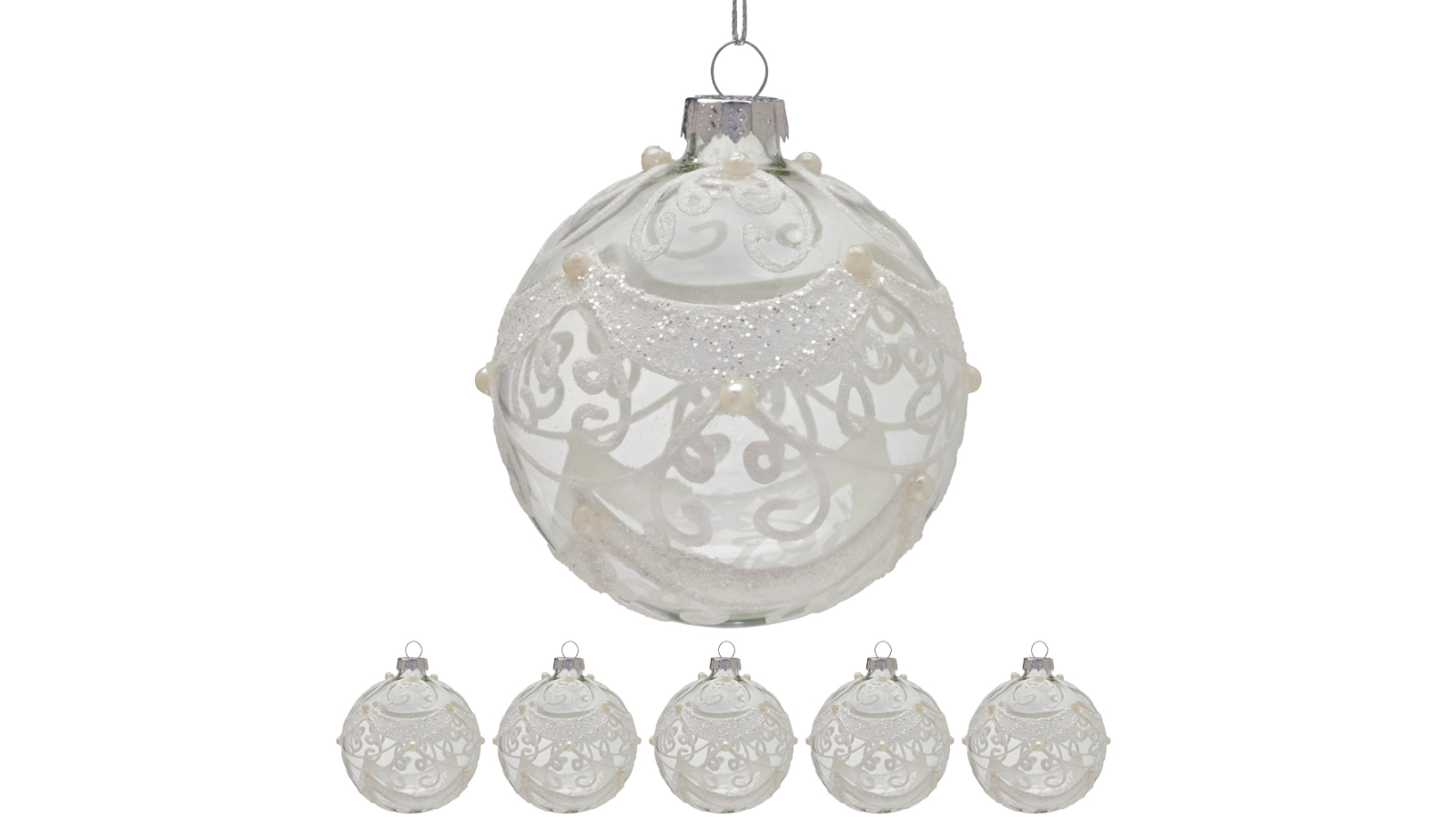Christabelle 6 Piece Clear Glass Baubles with Glitter Swirls and Pearl