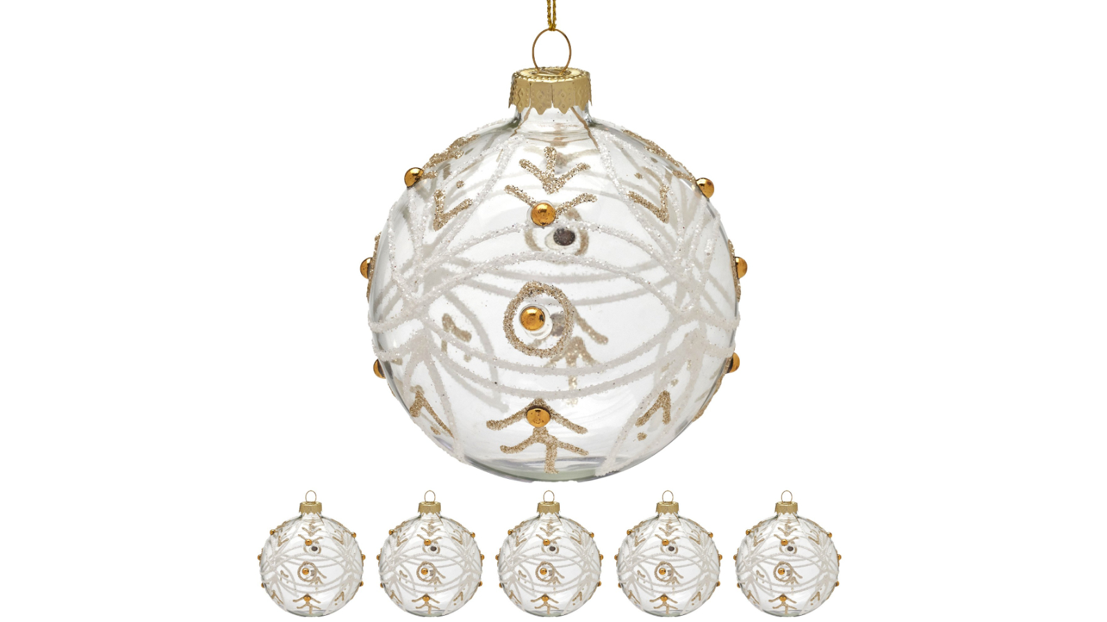 Christabelle 6 Piece Clear Glass Baubles with Glitter Swirls and Gold Pearl