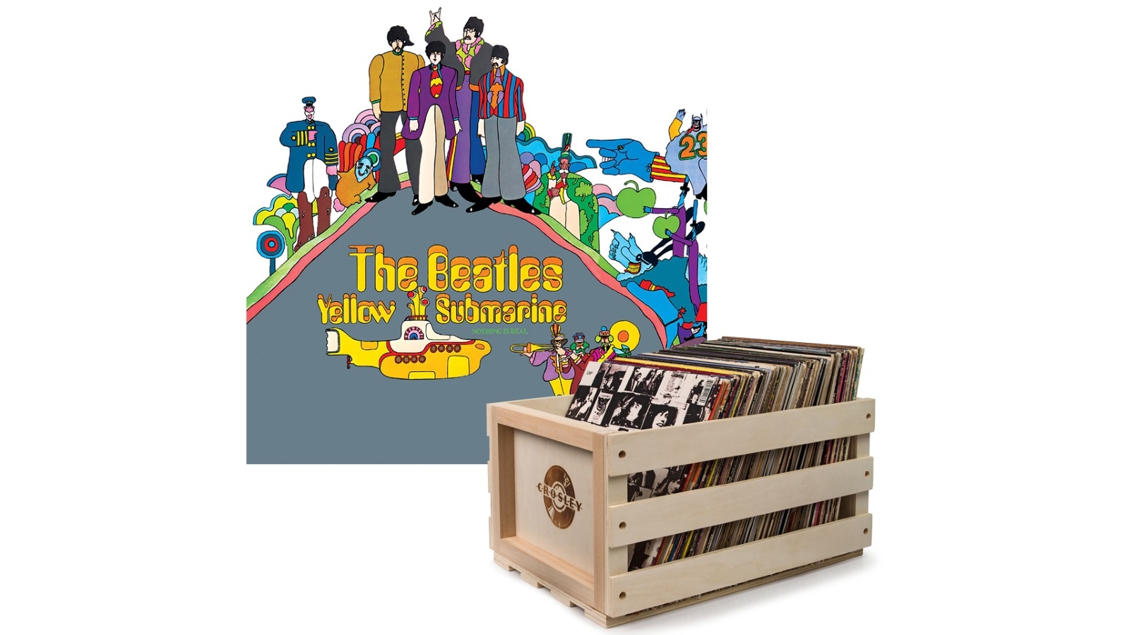 Crosley Record Storage Crate and The Beatles Yellow Submarine - Vinyl Album Bundle