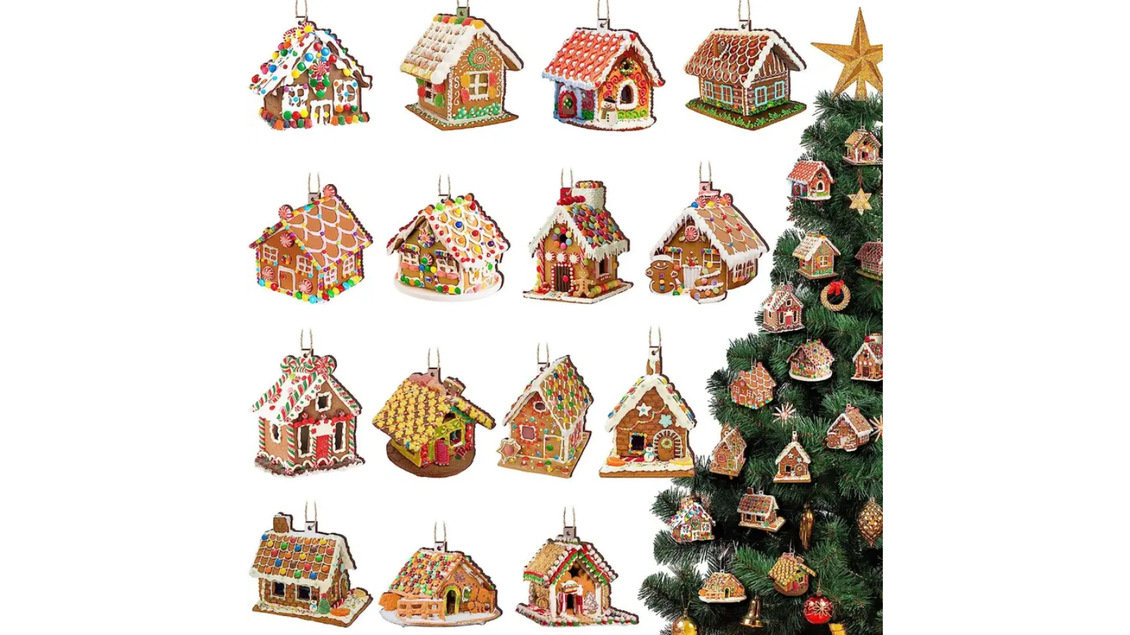 TM 15 Piece Wooden Christmas Ornaments Colorful Gingerbread Candy House Theme Festive Holiday