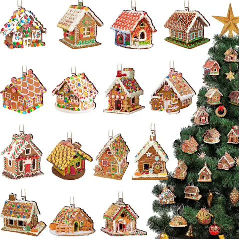 TM 15 Piece Wooden Christmas Ornaments Colorful Gingerbread Candy House Theme Festive Holiday