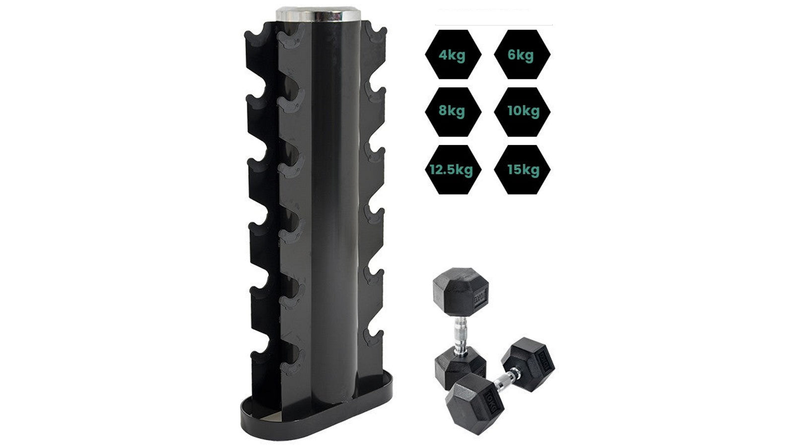 Orbit Fitness	Rubber Dumbbell and 6-Tier Vertical Storage Rack Package Deal
