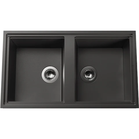 Linsol Zenica 860mm Double Bowl Top Mount Kitchen Sink - Matte Black