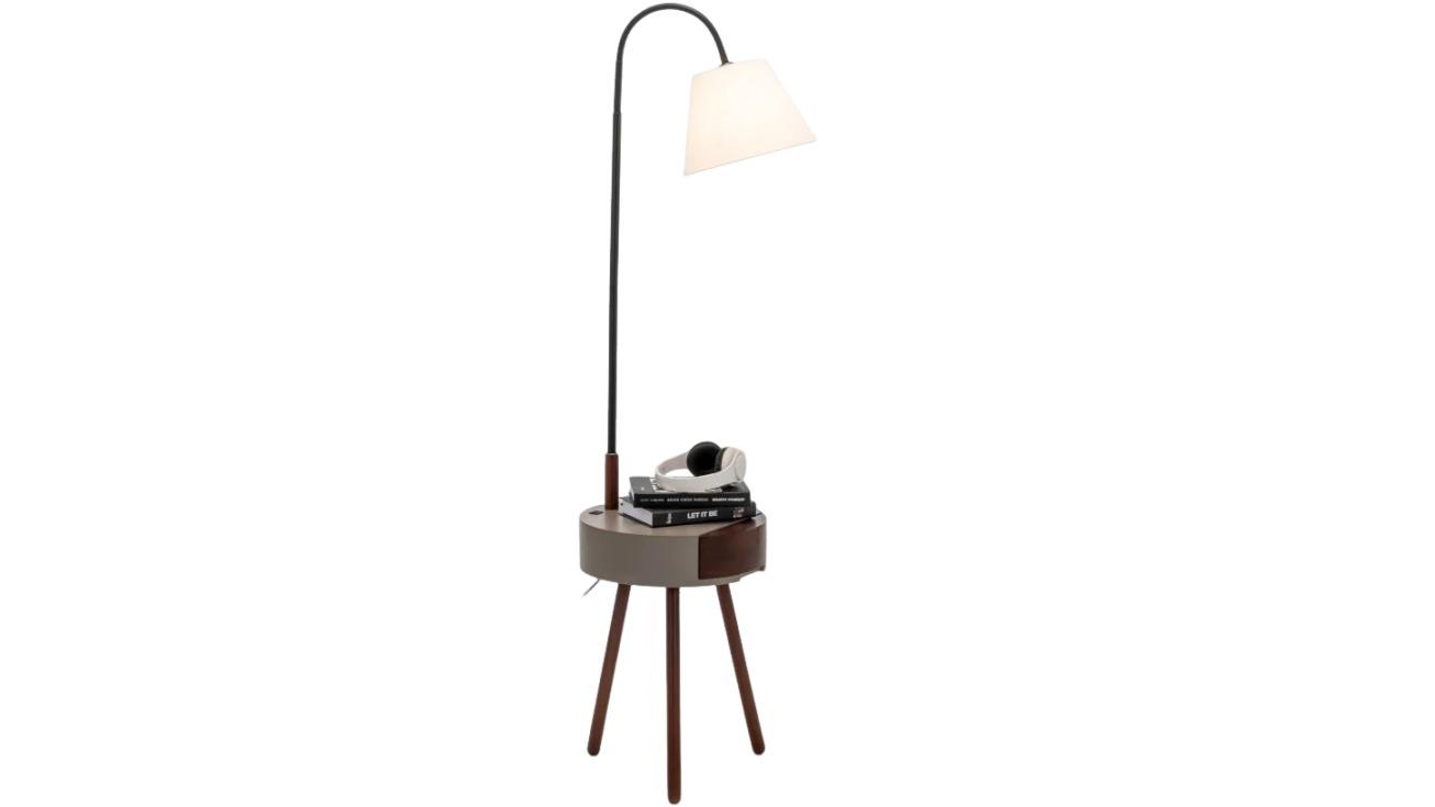 New Oriental Zoltan Rubberwood Floor Lamp with USB Port - White/Grey