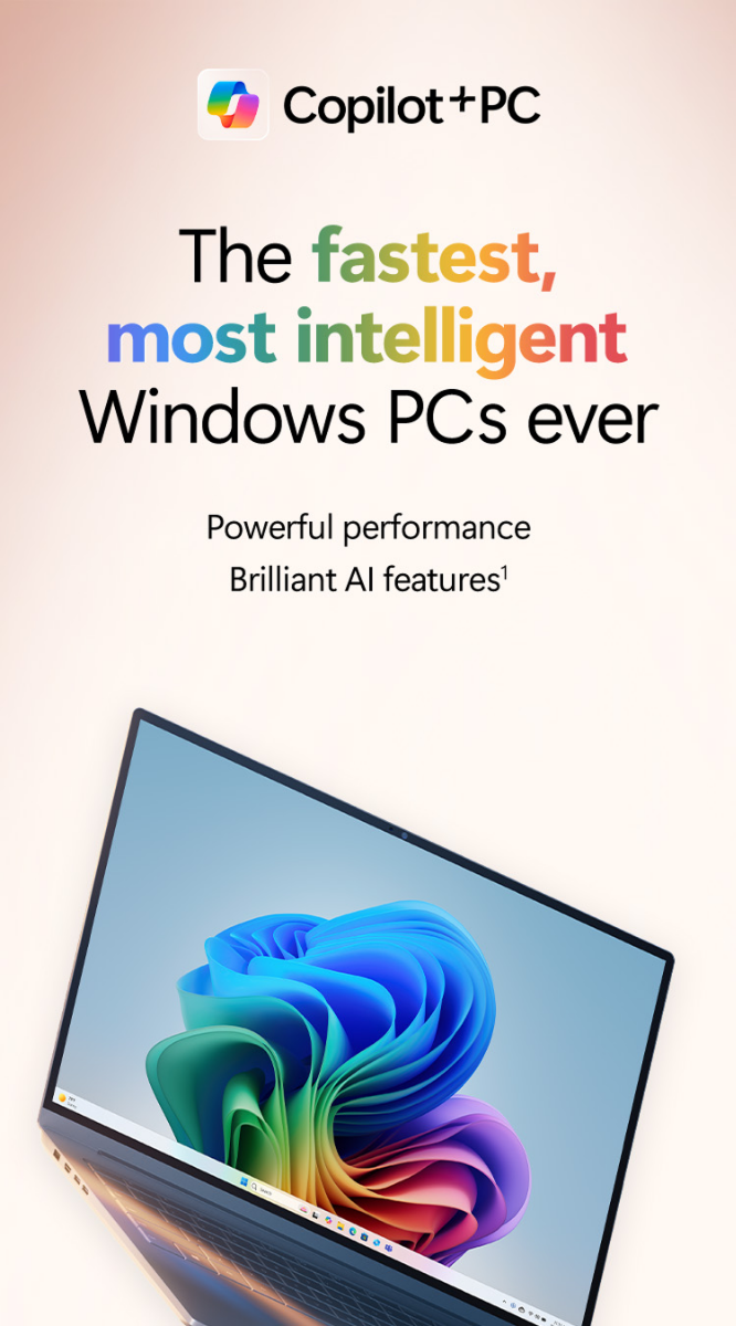 Copilot + PC graphic and colourful Windows 11 laptop screen alongside tagline ‘The fastest, most intelligent Windows PCs ever