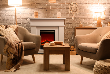 Cosy lounge setup with glowing electric fireplace, armchairs, and soft lighting